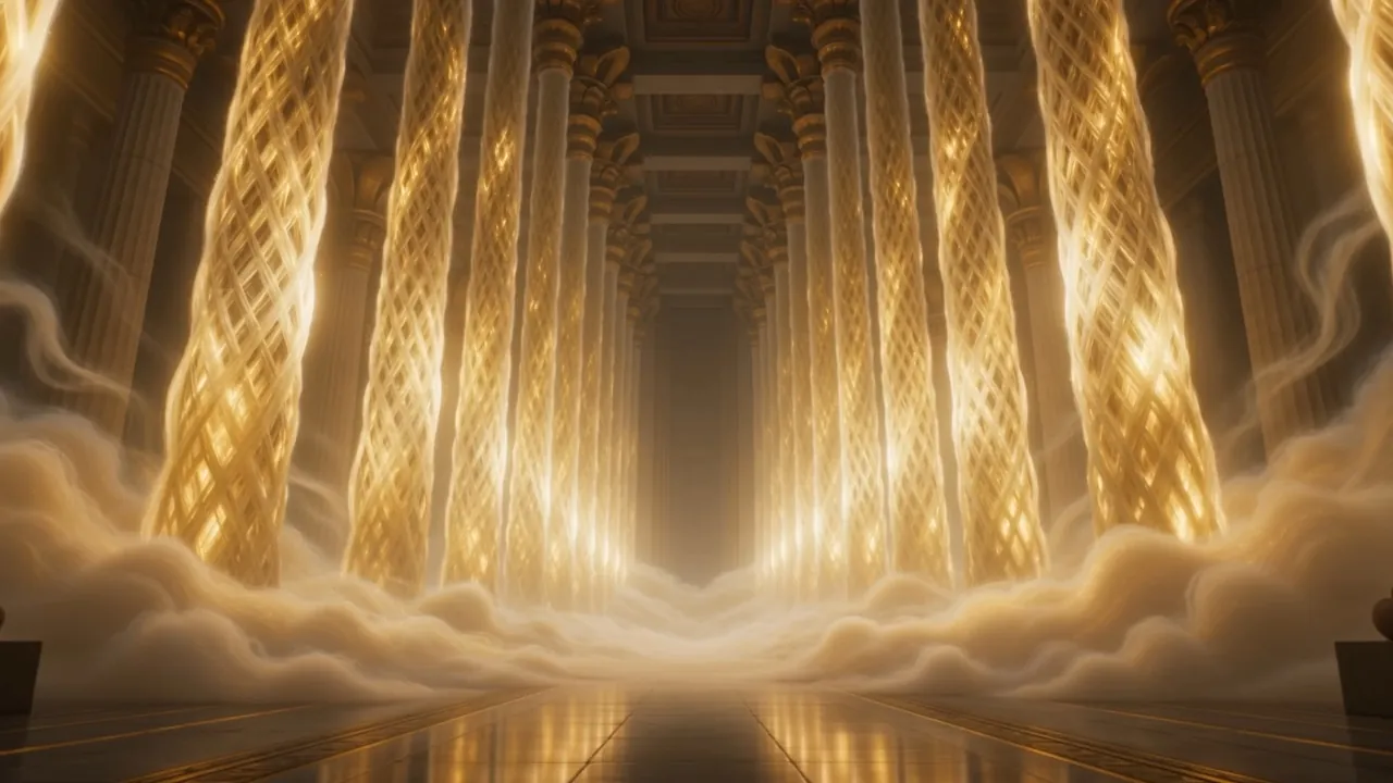 Down the length of the temple: pillars of woven light, and something rolling in along the floor