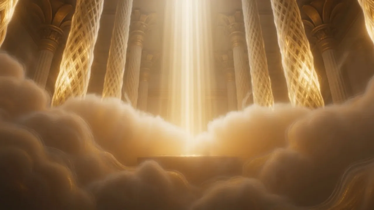 One shaft of white-gold light still reaching down to the step