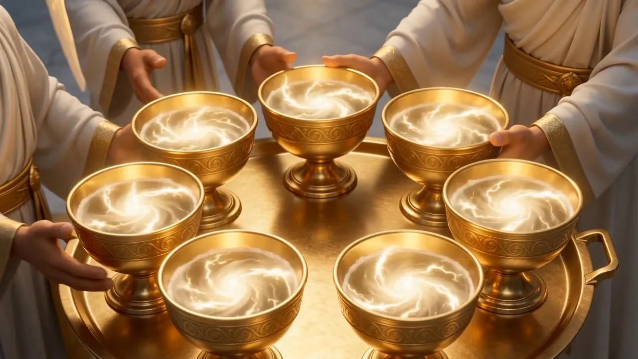 On a tray of light: seven golden bowls, brim-full of turning storm