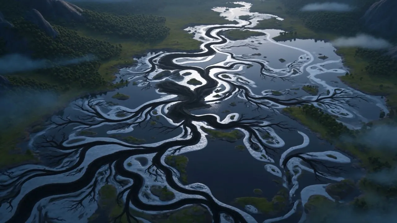 By dusk the whole silver network of the valley reads as dark calligraphy