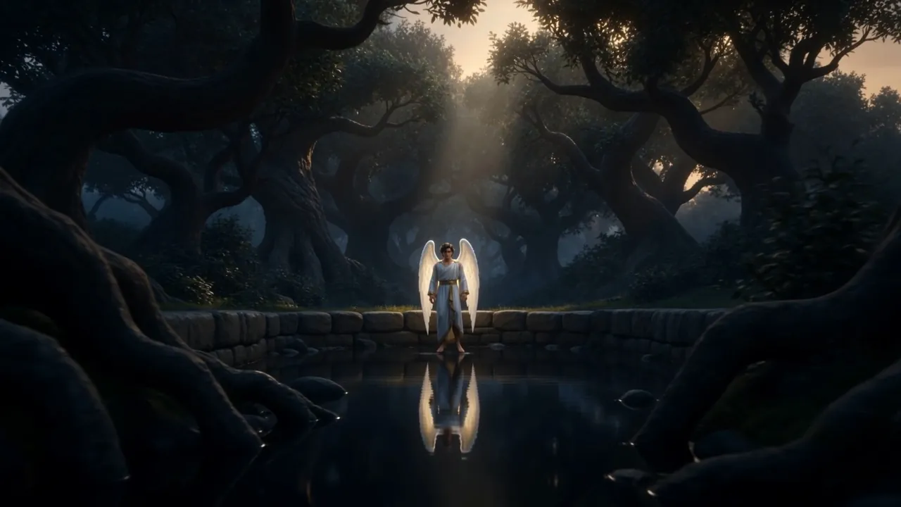 And in a grove far below, one bright thing walks down into a blackened pool