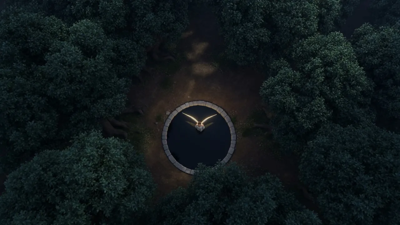 From above: a black circle in a dark wood, with one small light keeping watch at its rim