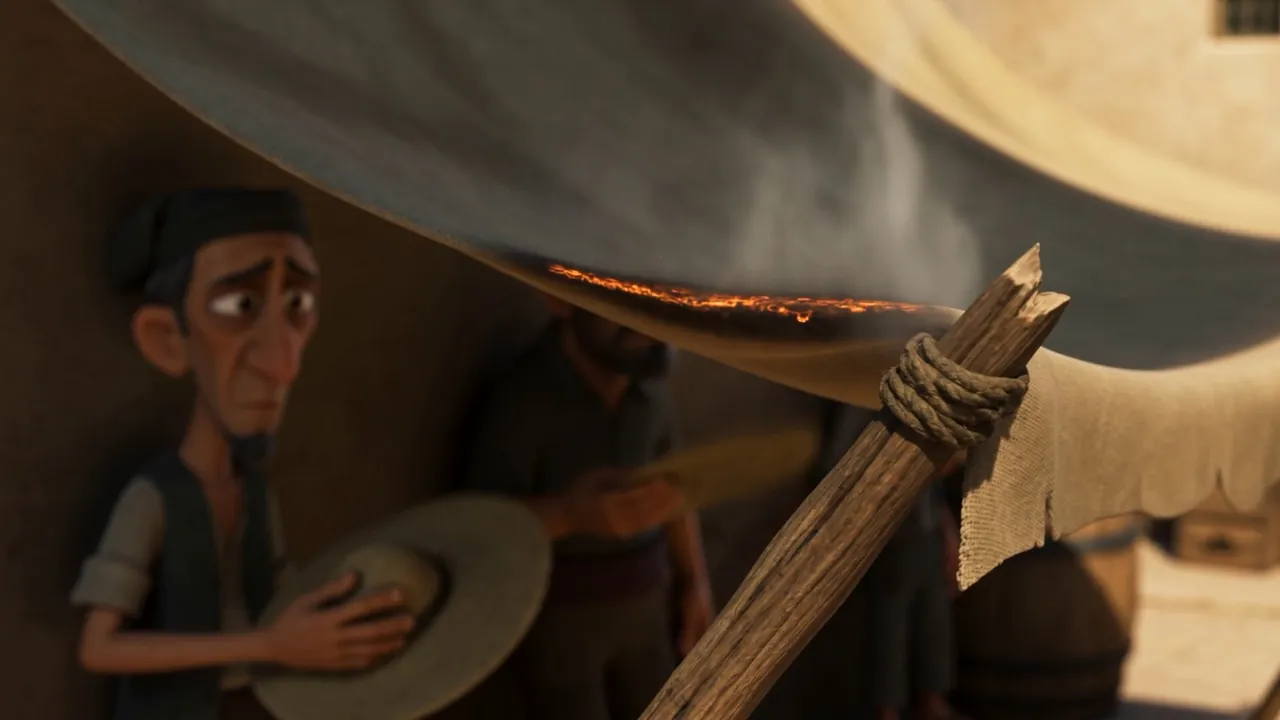 Along the sun-side edge of an awning, the cloth begins to smoke