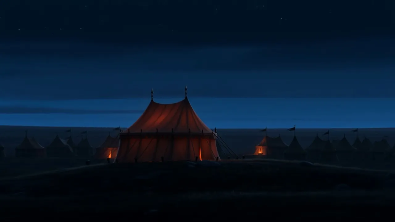 Far away, one royal tent glowing ember-red among a thousand dark ones