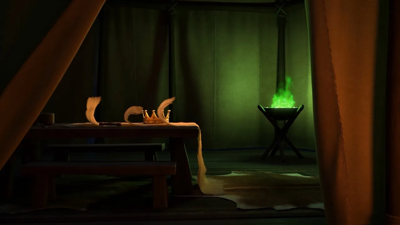 The hangings shiver. The brazier burns briefly, unmistakably the wrong colour