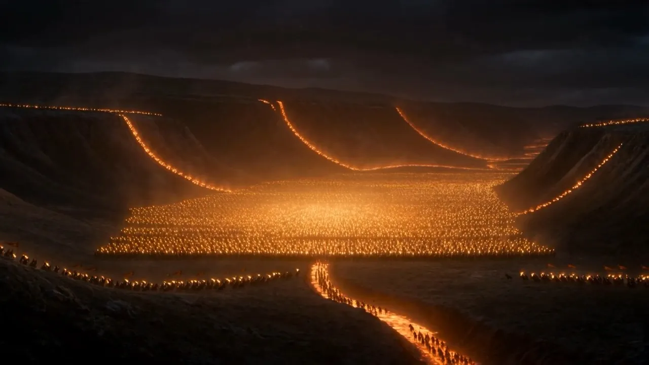 Into one valley between dark hills, pouring in over every rim at once