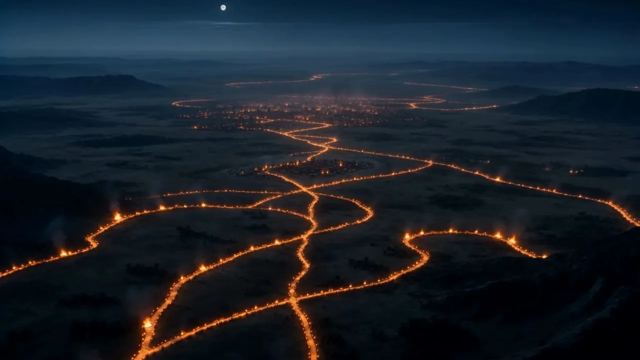 By morning the whole dark country is veined with roads made of torches