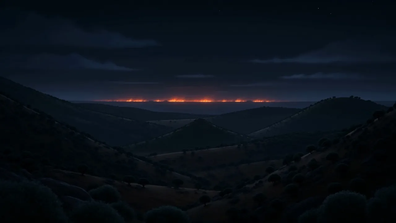 Away from all of it: dark hills, and a long line of fire along the far horizon