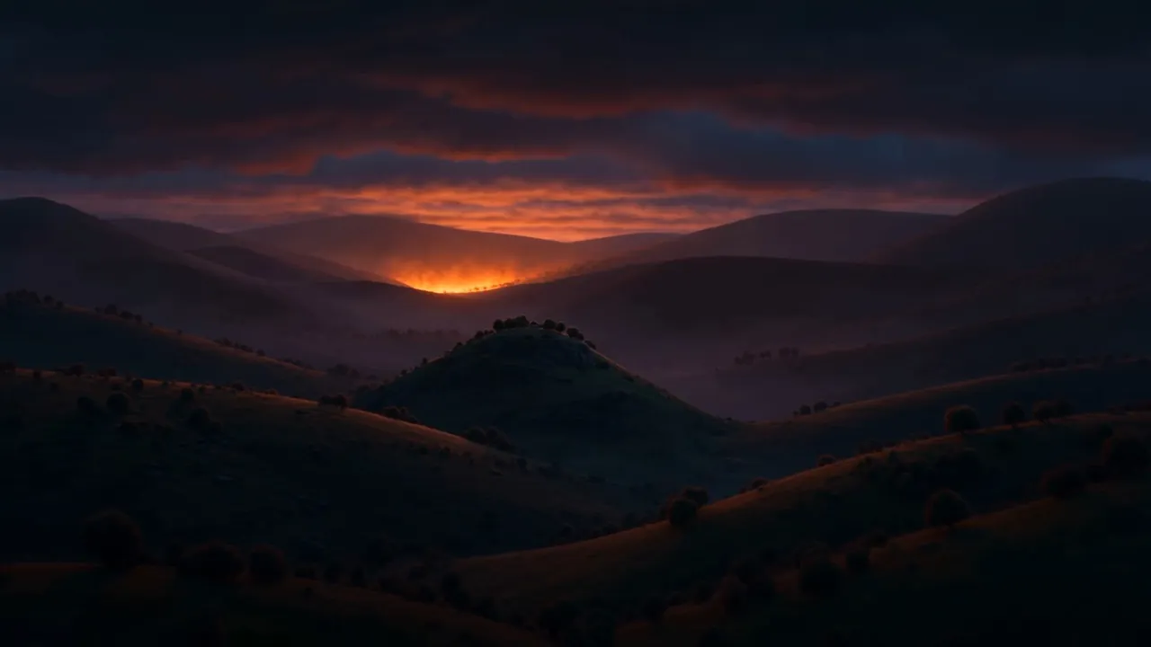 Somewhere out under that sky, a hill farm, and one window still lit