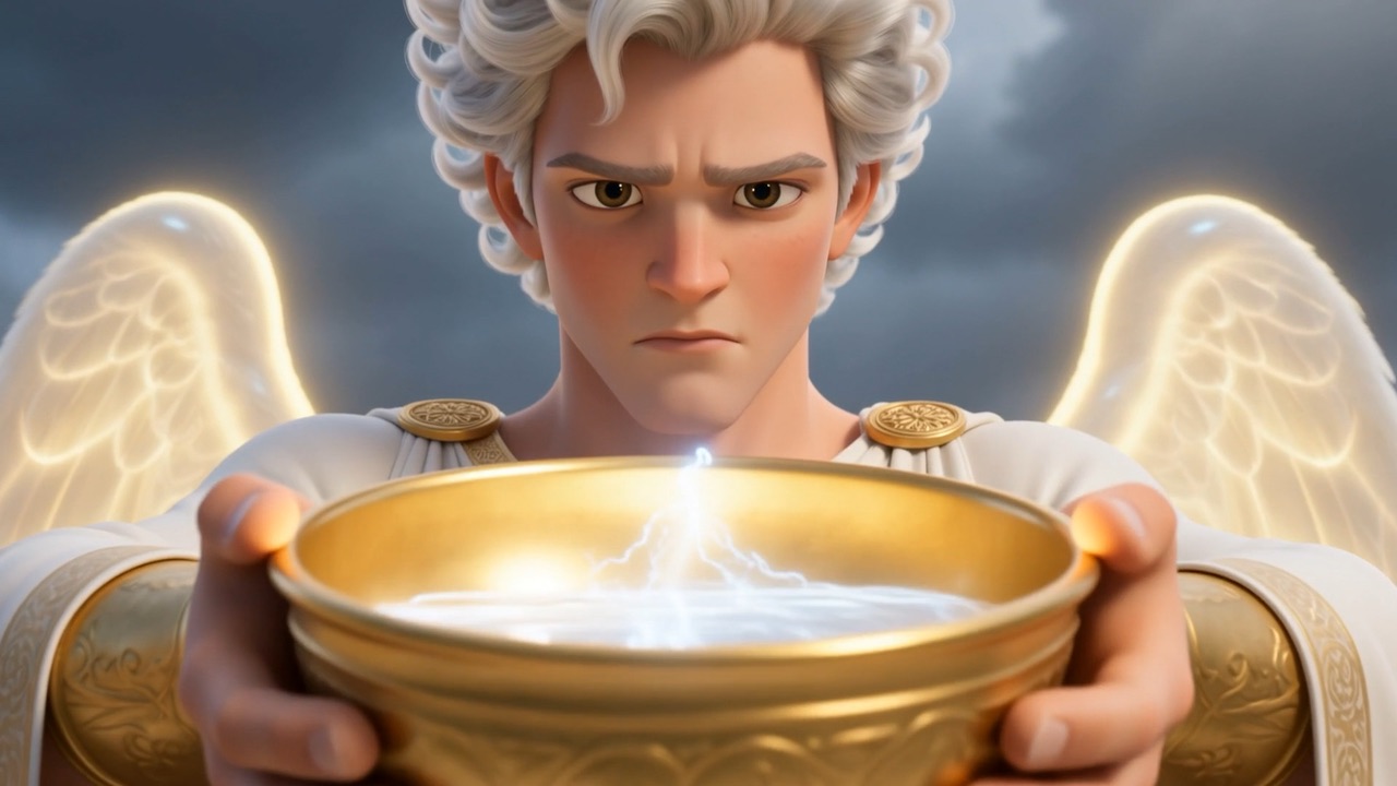 A grave white-haired angel with wings lit from within lifts a chased golden bowl in both hands, a small white lightning-storm coiling inside it against a stormy sky.