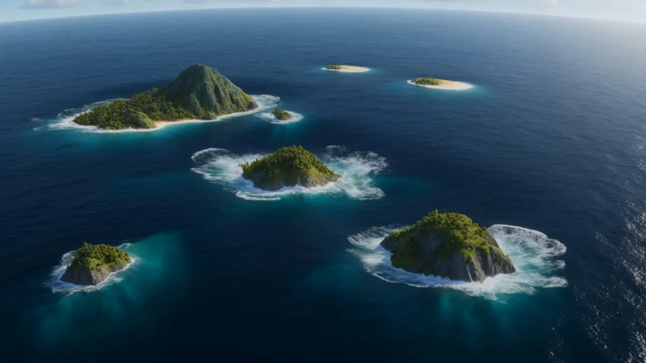Out on the ocean, islands settle lower, and the foam closes white around every shore