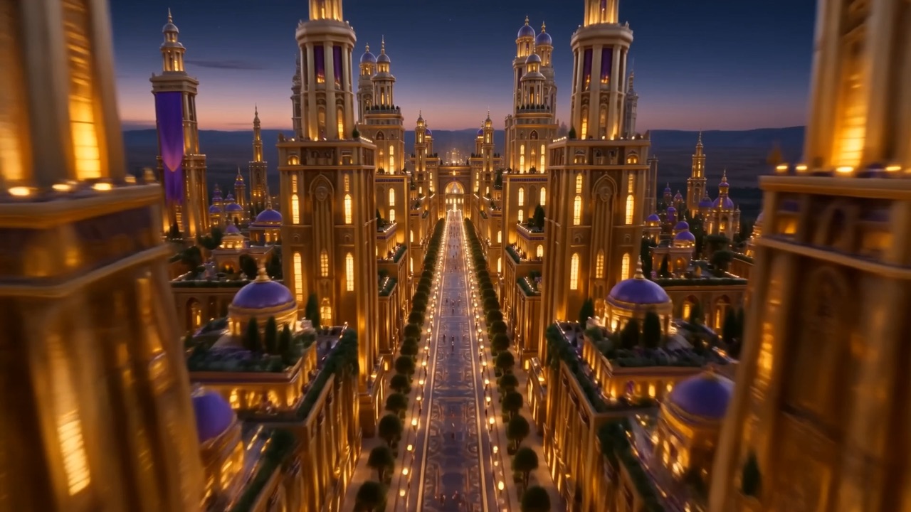 A golden city at dusk seen down a long avenue of lamplit towers, purple banners hanging from their terraces.
