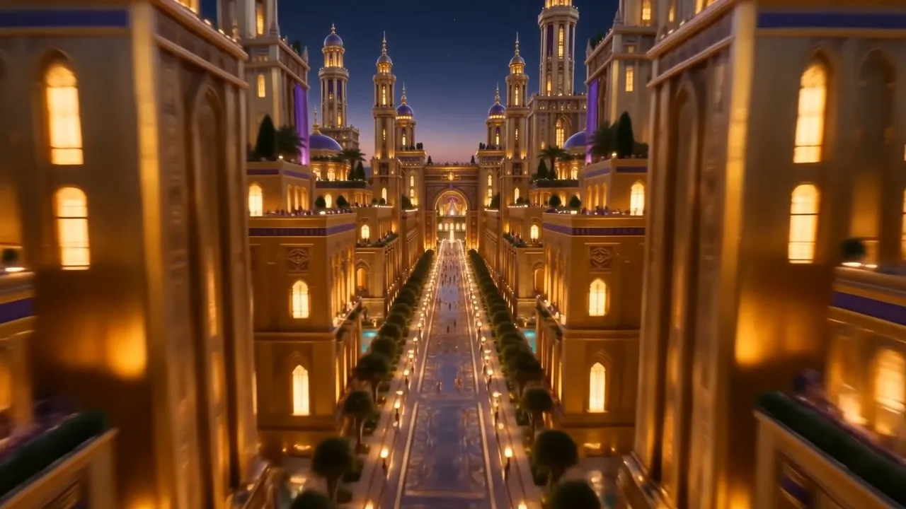 Gold towers wearing purple banners the way a queen wears a gown