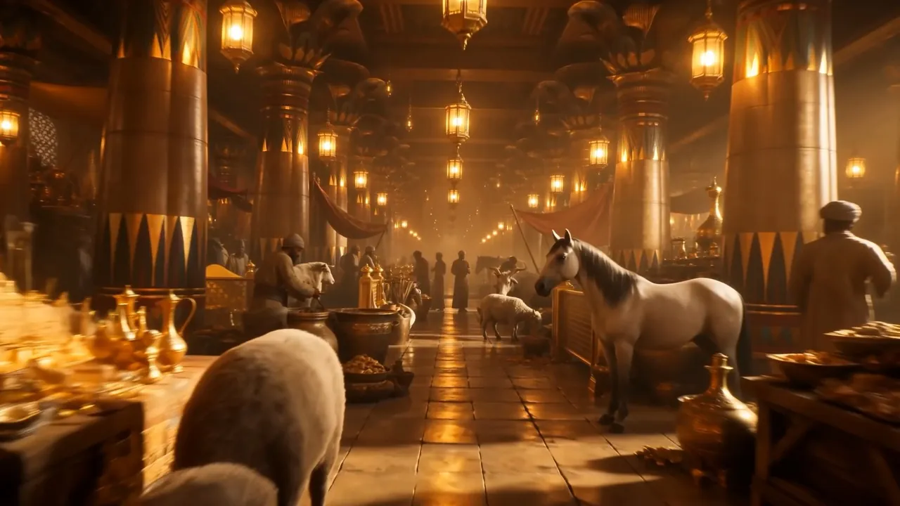 Cattle in gilded pens, horses stamping, wheat in golden hills