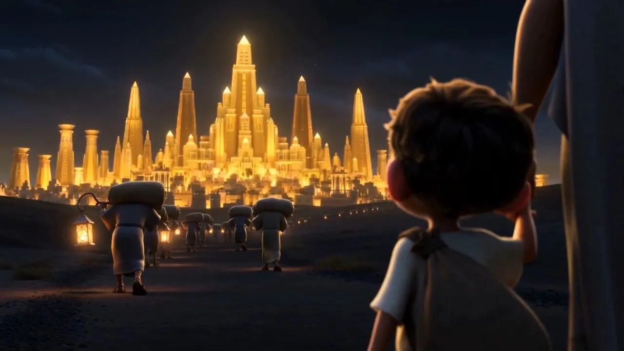 At the back of the column, a boy of about seven — and he looks back