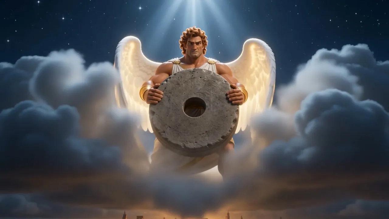 The clouds part under weight: the strongest back in heaven, and a stone like a millstone