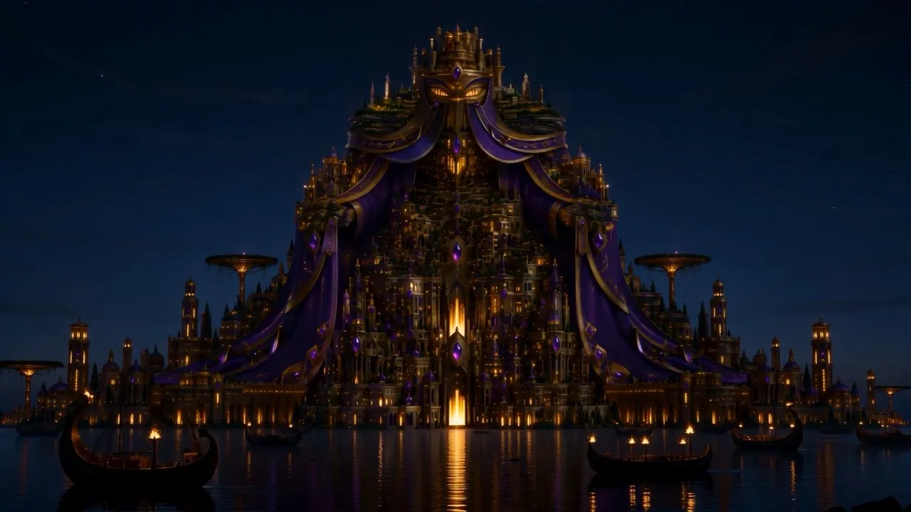 The whole golden city of Babylon blazing at night above her own reflection