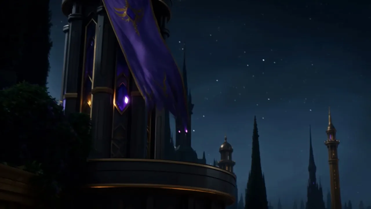 A purple banner drifts loose from a black tower and falls without a sound
