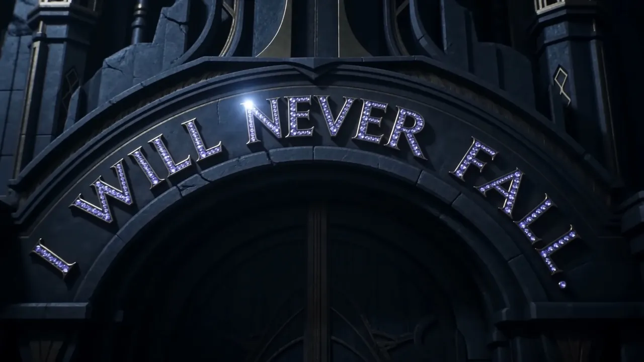 Over the gates, her own four words catch one last wander of starlight