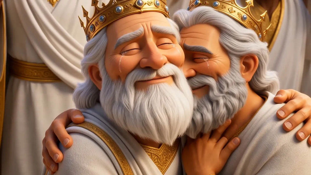 Two old kings holding on to each other, weeping into each other's beards