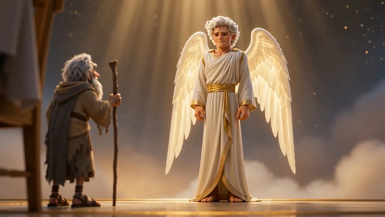 A messenger alights at the rim of the feast-grounds, beside one old man