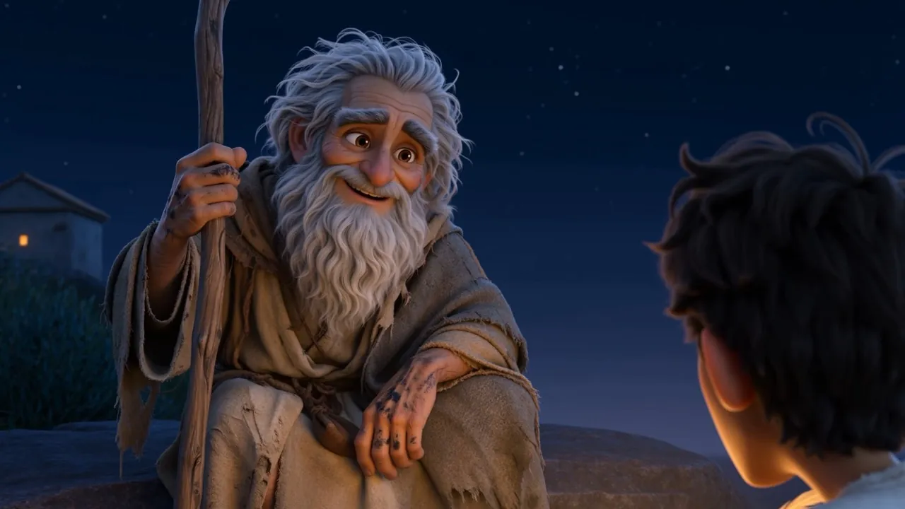 The old man laughs, low and sure, with feast-light still in his eyes