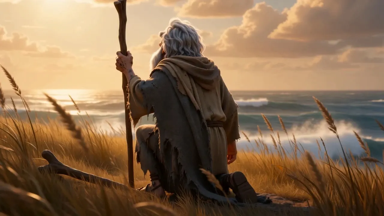 And beginning to rise — knees first, a hand braced on the driftwood staff