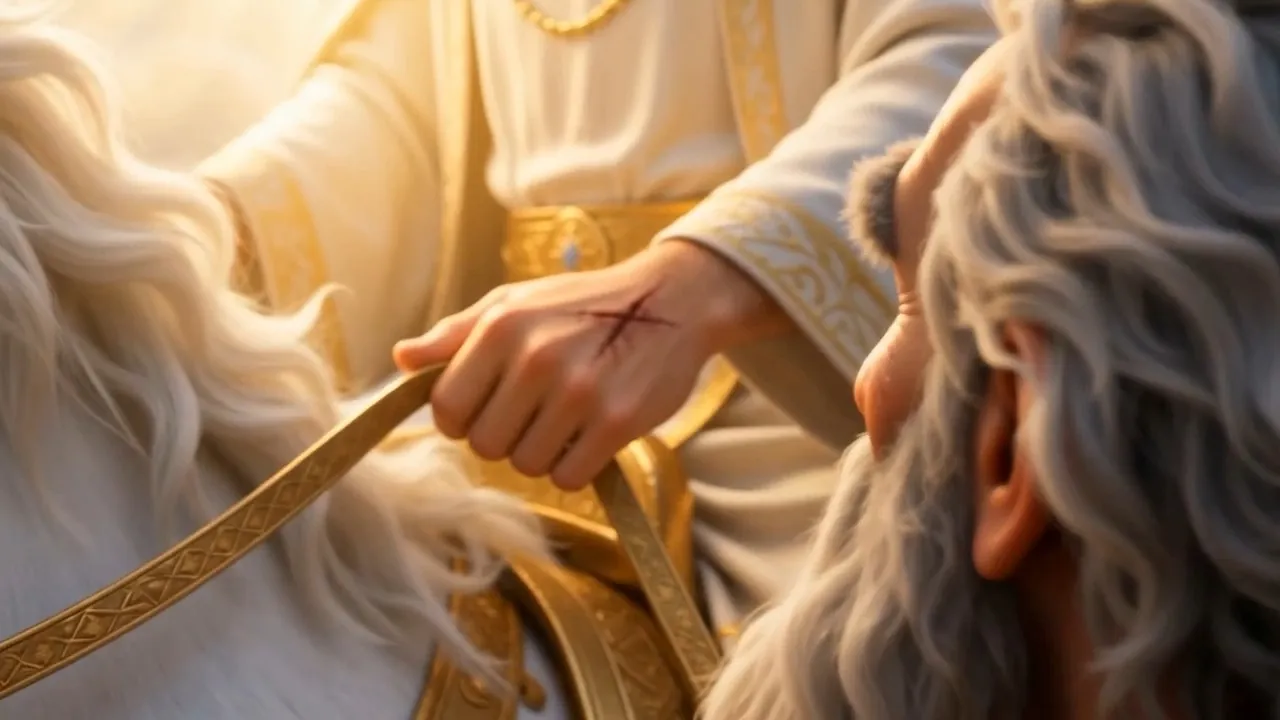 Close on the reins — and on the wrist above them, the scars