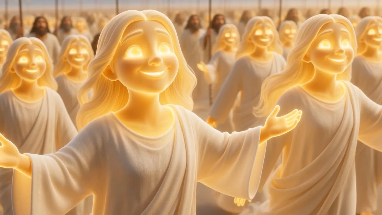 And the faces in it are faces we know — the ones from under the altar, glad now