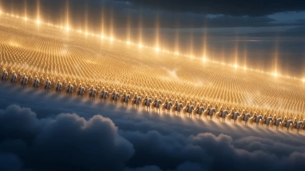 The armies of heaven come to a halt along the slope of the air