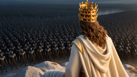 Seen from behind, a crowned rider in a white robe looks down from a rocky rise over a vast dark army filling the plain below.