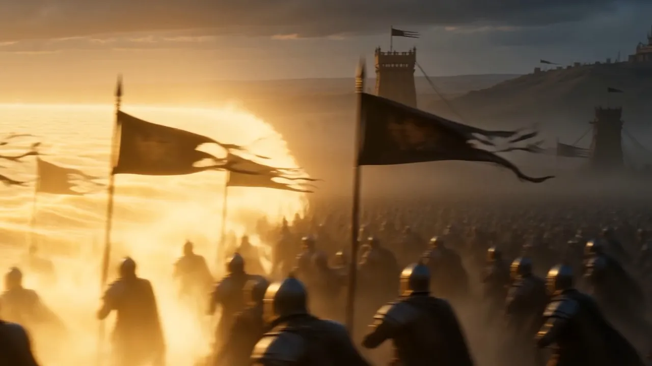 Banners fading mid-flutter, siege-towers softening like fog