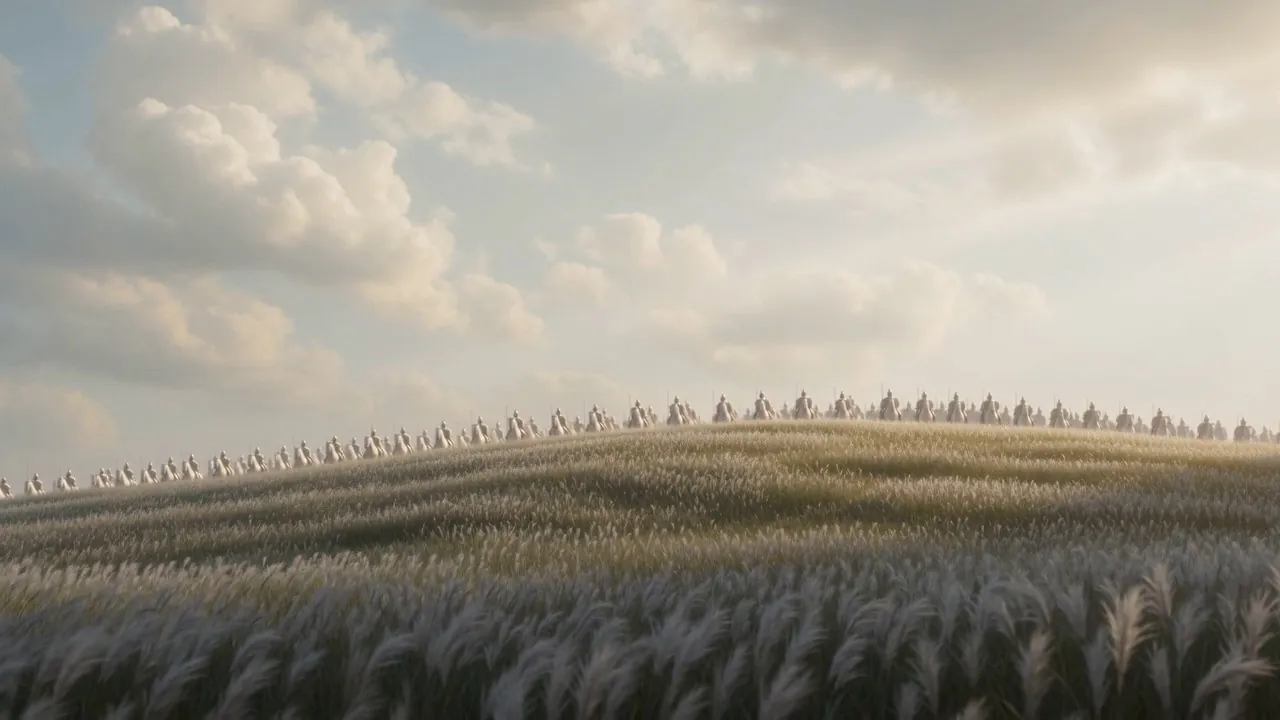 Far up the slope, the white riders come down — arriving not at a battlefield, at a meadow