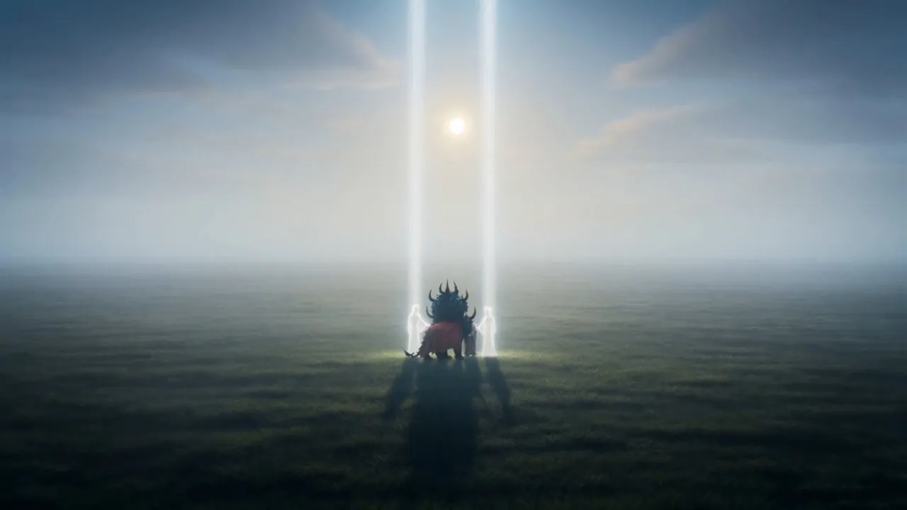Two columns of plain bright light come down for them