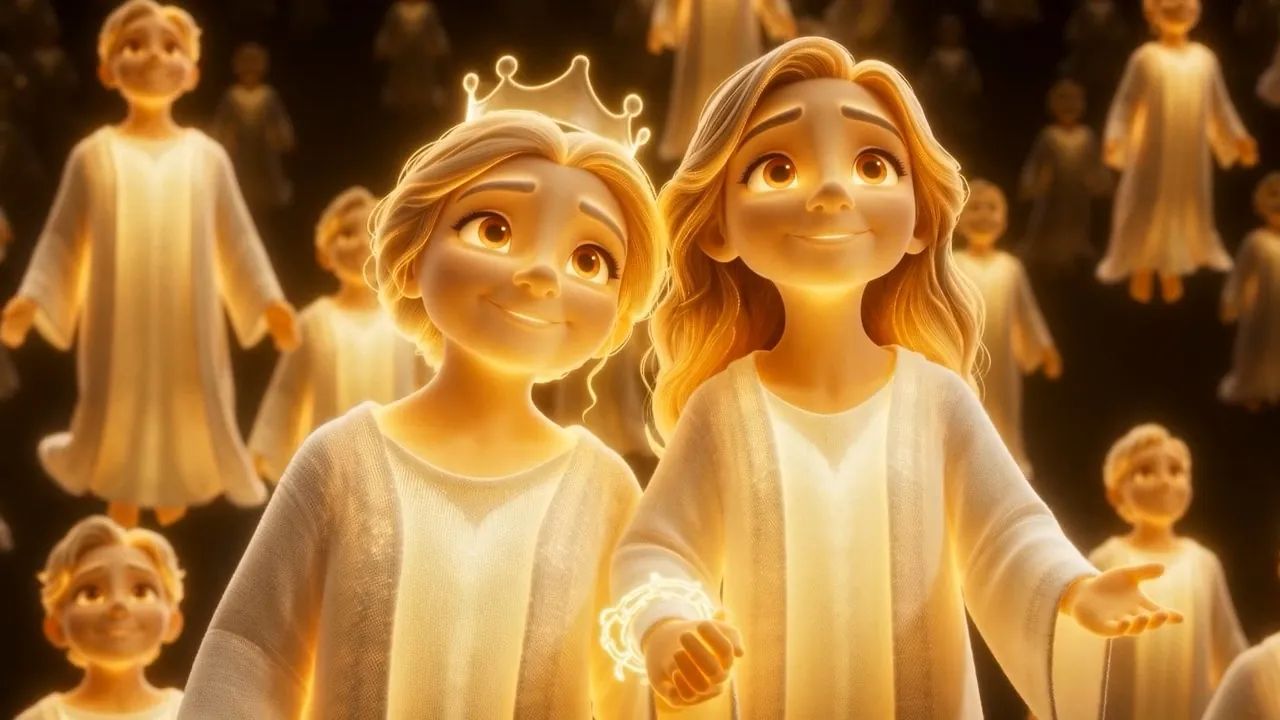 A crown of light on one brow, and at another wrist the ghost of a binding — the same gold, exactly