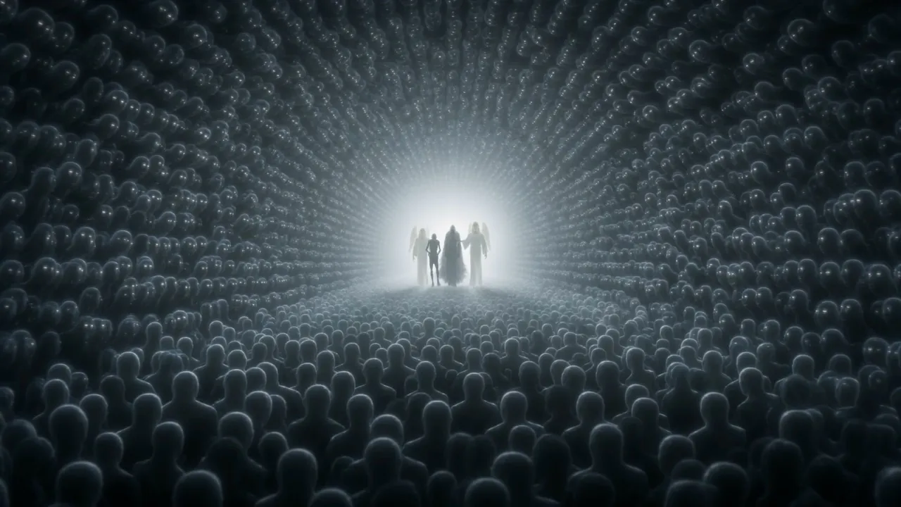 The gathered lights part, and a long aisle opens to a clearing of white