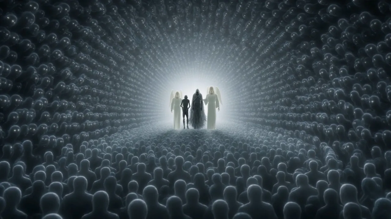An angel of light on either side. Escorted, not dragged — there is nothing left to drag