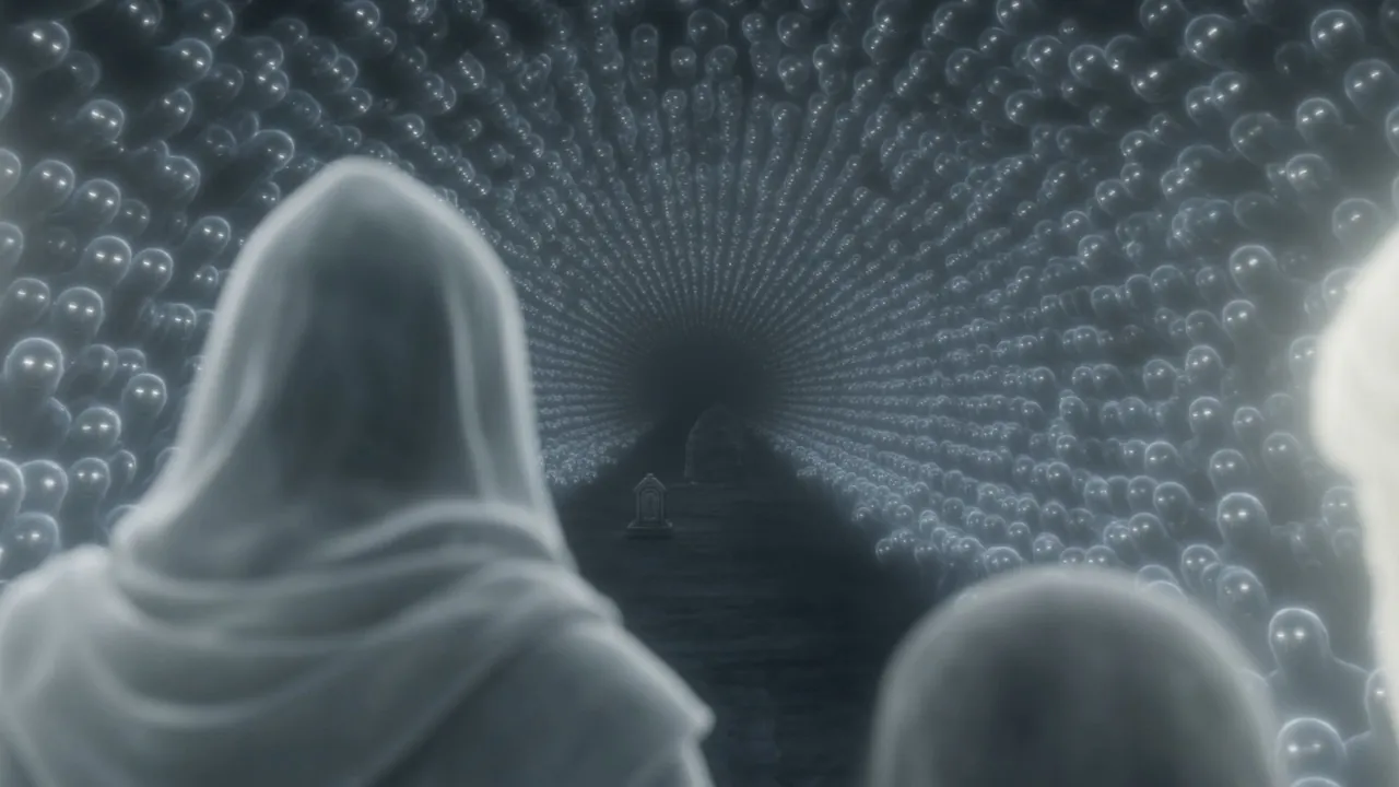 Down it, last of all, two grey shapes are brought forward