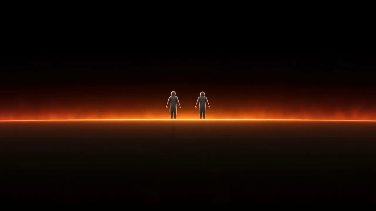 Far off at the world's rim, two small grey shapes, and a low glow beyond them