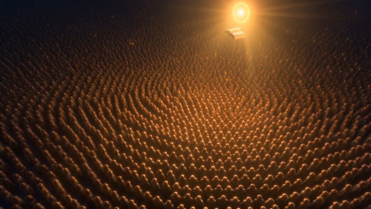 A golden book hangs open like a small warm sun high above an ocean of glowing figures curving away into the dark.