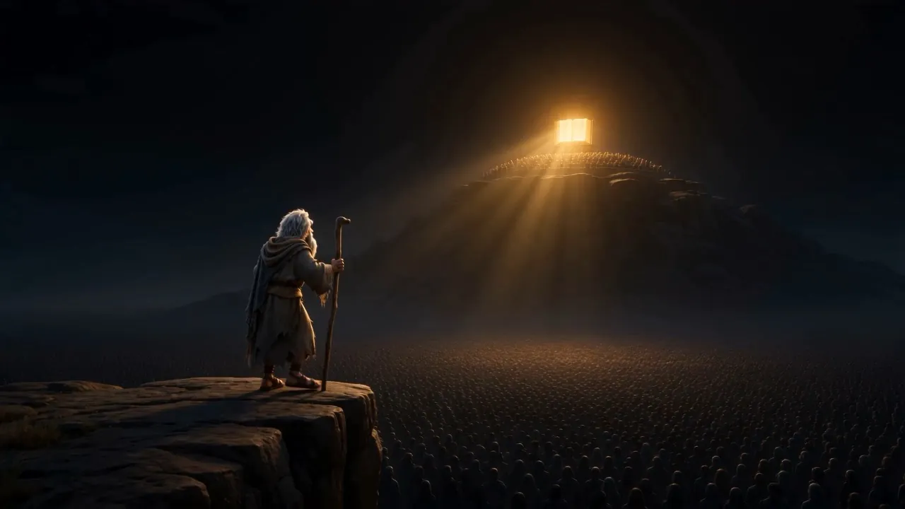 At the rim of the whole vision, an old man on a ledge of rock
