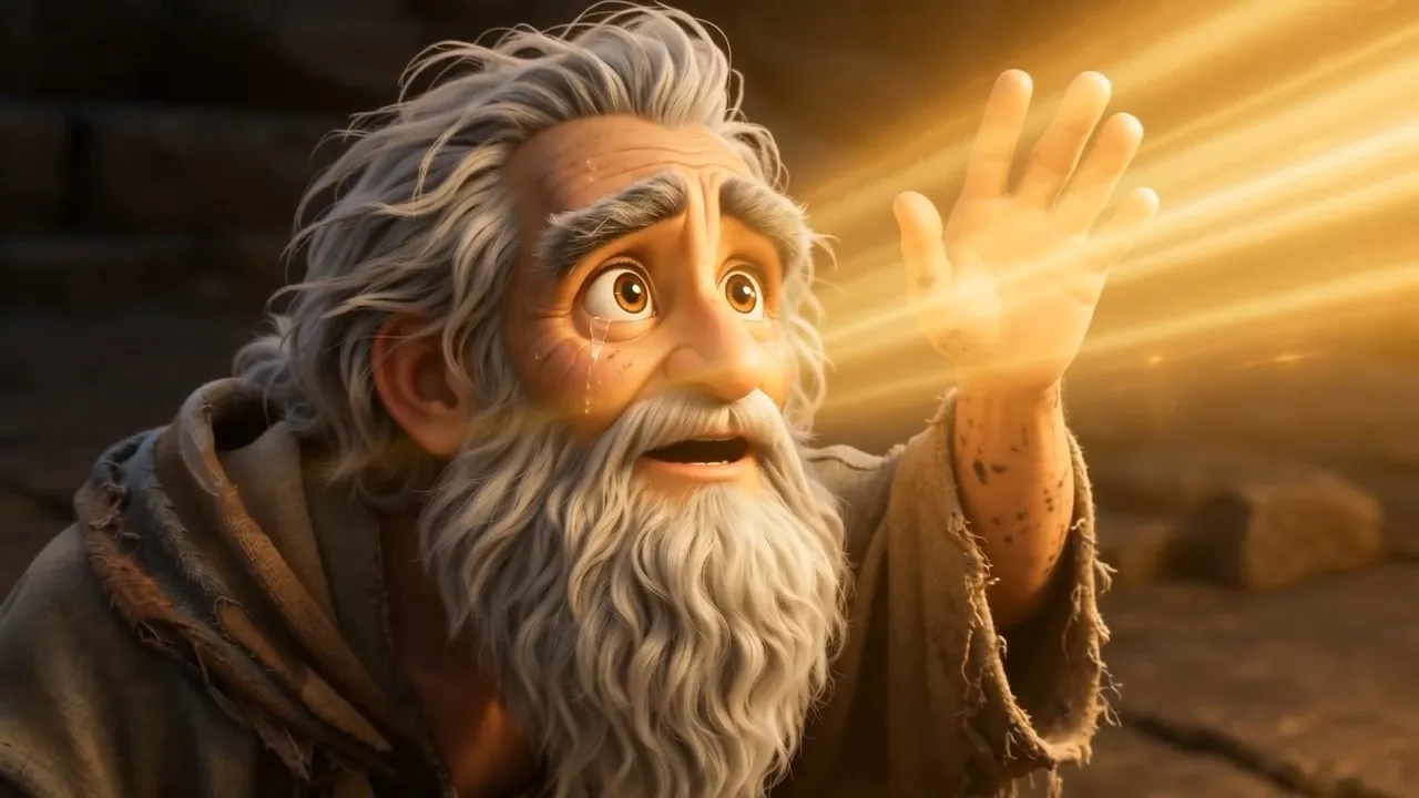 It comes to rest on his open hand. Gold meeting gold