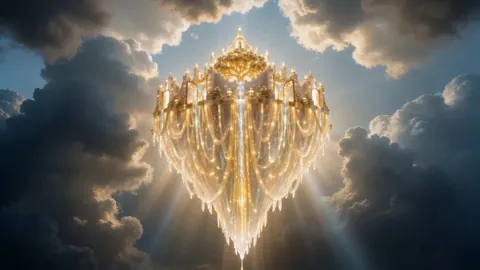 The holy city descending through parted cloud, light streaming off her high towers like veils and her foundations trailing glory, a tree of life glowing at her crown.
