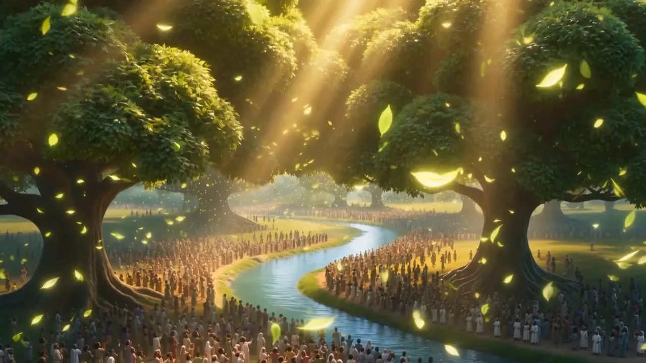 The canopy lets go, and the leaves come down over the crowds like slow bright snow
