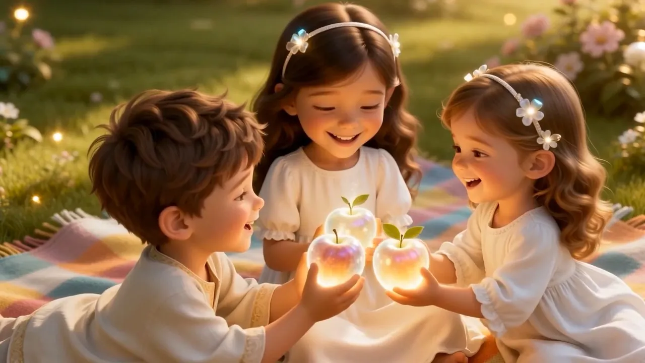 And in the grass underneath — three children on a blanket, sharing glowing fruit