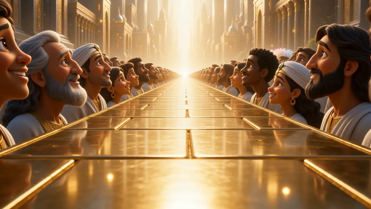 All down the golden avenue, the faces are turned the same way