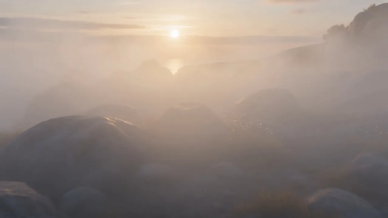 The mist parts along the water, and the sun comes up on the real island