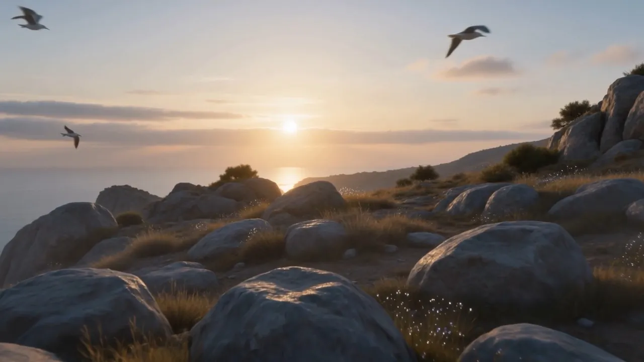 Gray rock, wind-bent grass, gulls waking into the light