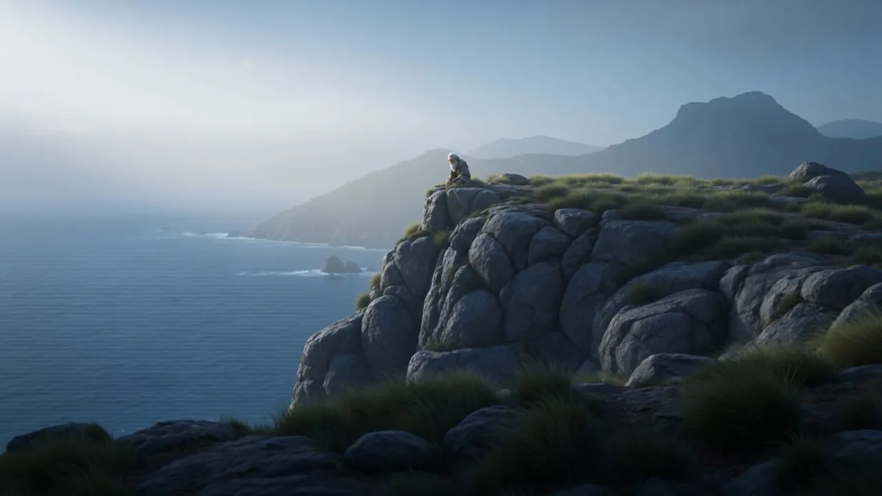 And on the high headland, exactly where we first found him: a small kneeling figure