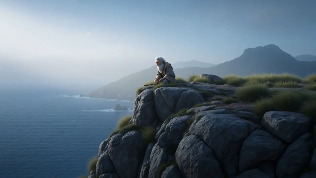 An old man again. On a rock in the ocean. Only that